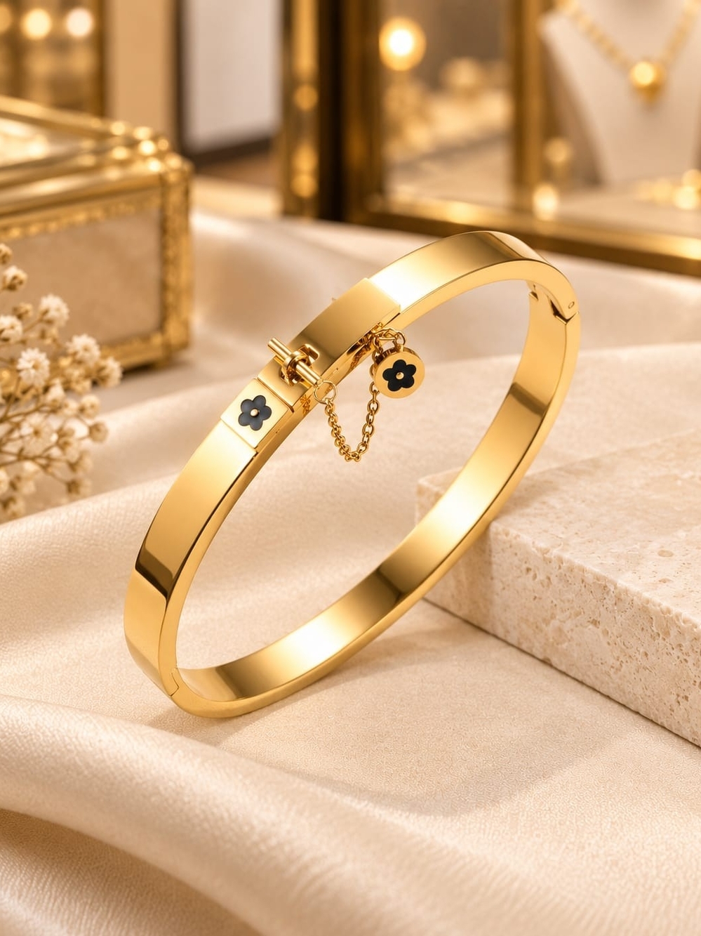 Gold Floral Lock Bracelet and Ring Set - Women Jewelry - Picture 4 of 5
